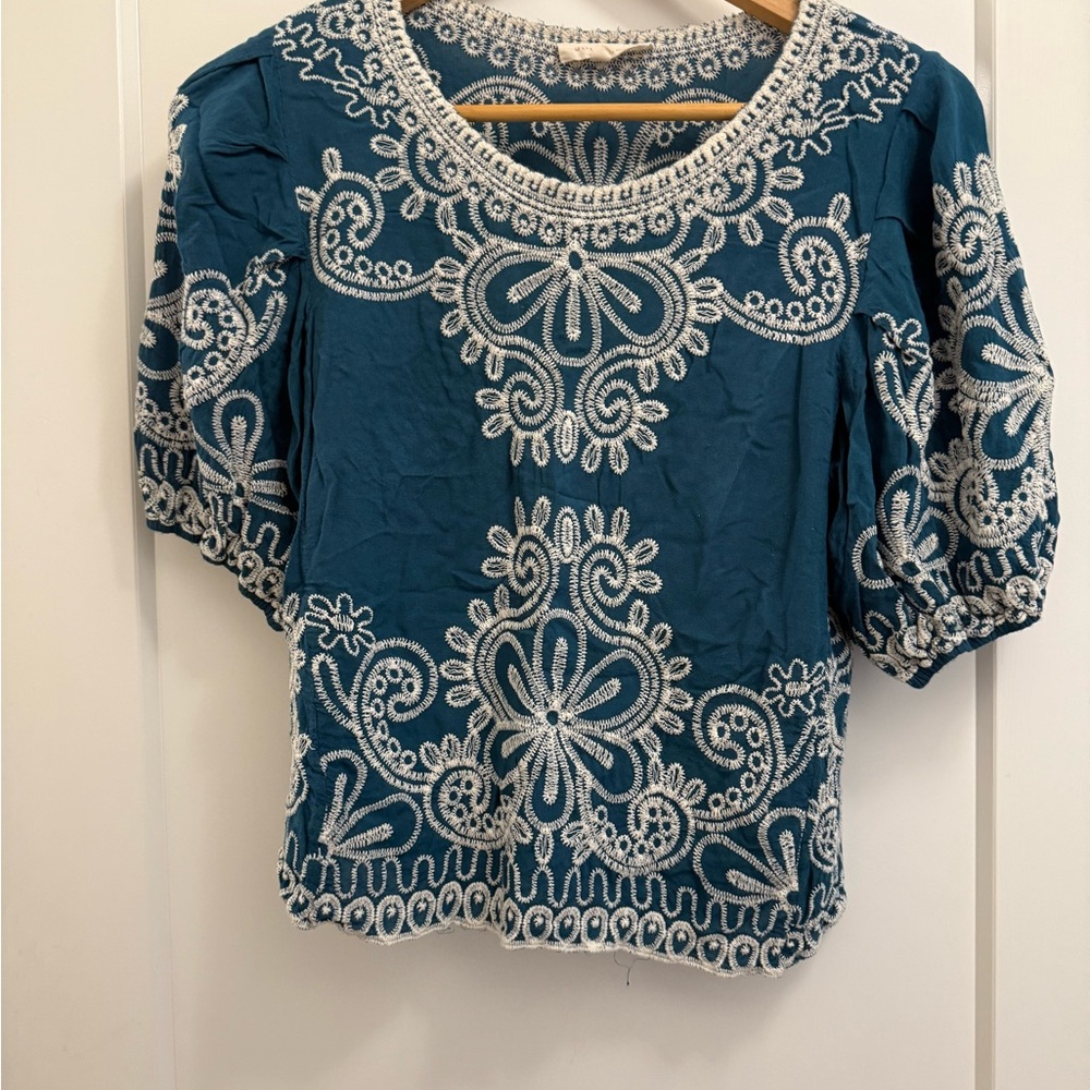 Anthropologie Blue and White Embroidered Blouse